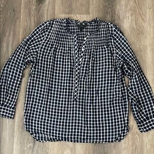 J Crew Navy and White Plaid Popover Cotton Summer Blouse Womens Top 6 Medium